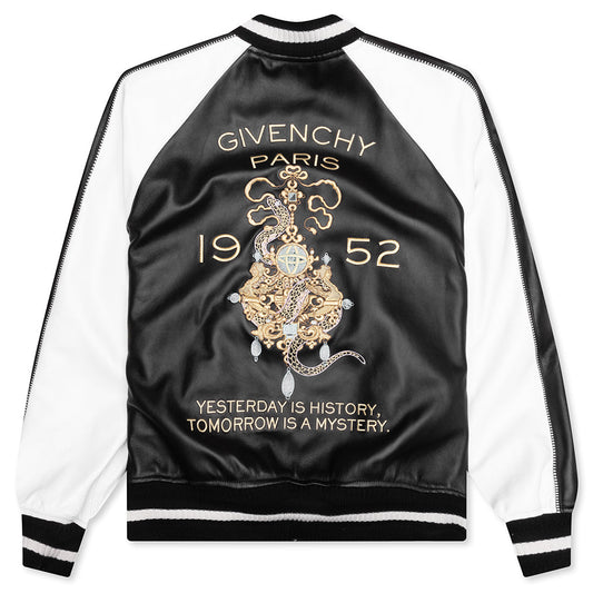 Nappa Leather Varsity Jacket with Chandelier and Snake Embroideries - Black/White