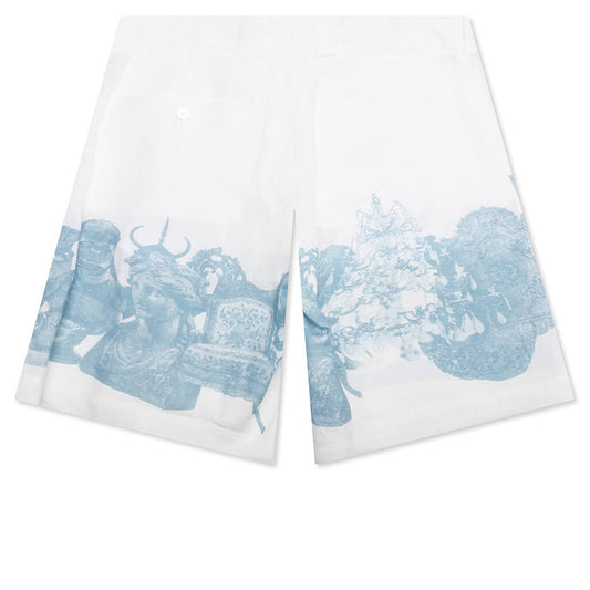 Linen Bermuda Hawaiian Shorts with Hubert Objects Print - Blue/White