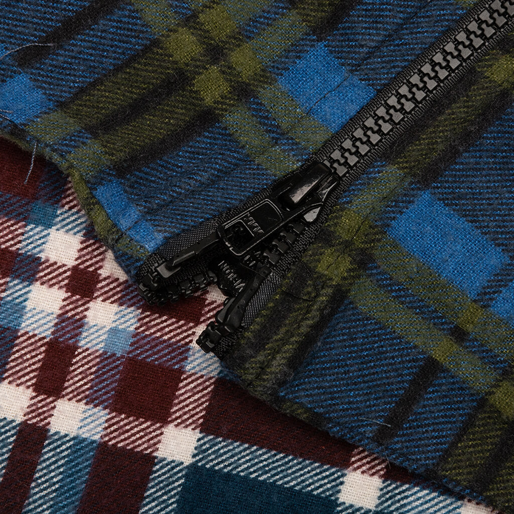7 Cuts Zipped Wide Flannel Shirt - Sea Blue/Maroon