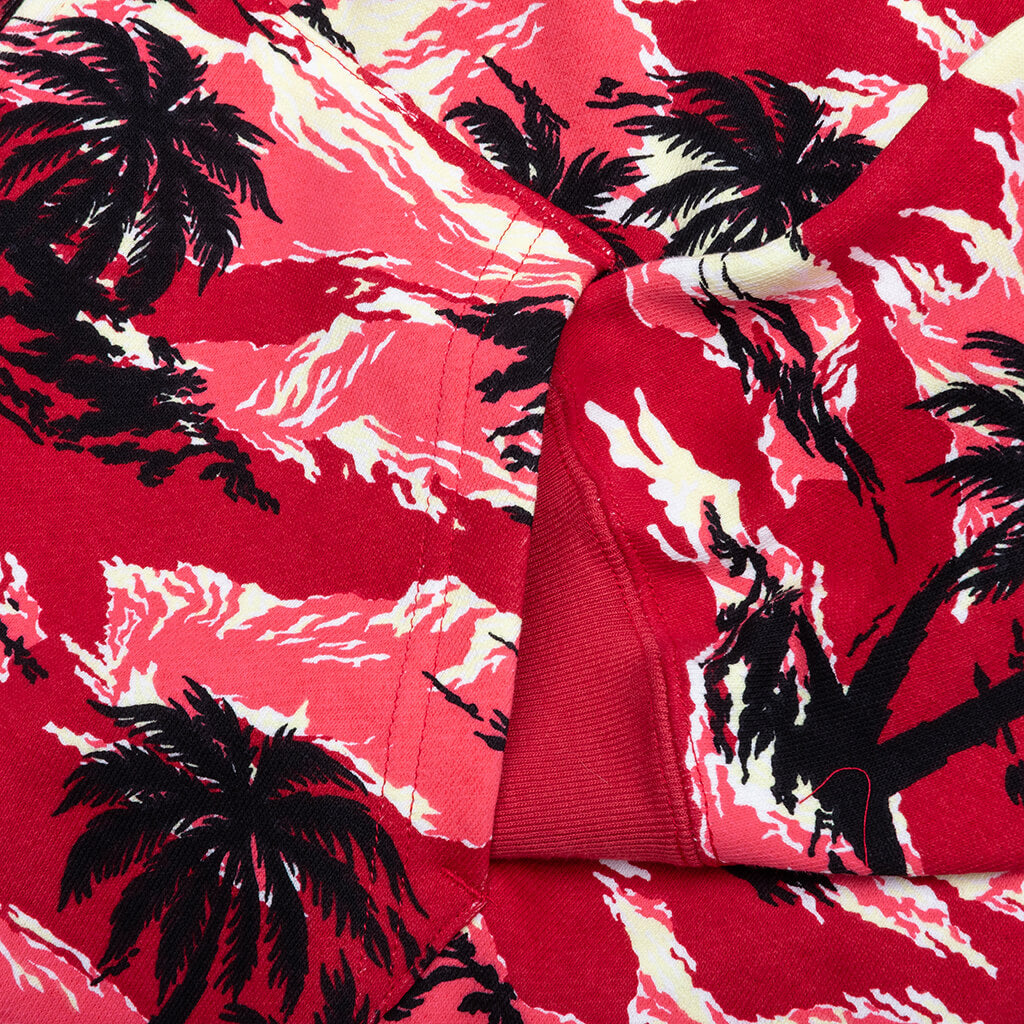 Palm Tree Camo Relaxed Fit Shark Full Zip Hoodie - Red