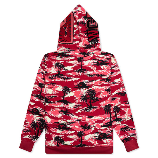 Palm Tree Camo Relaxed Fit Shark Full Zip Hoodie - Red