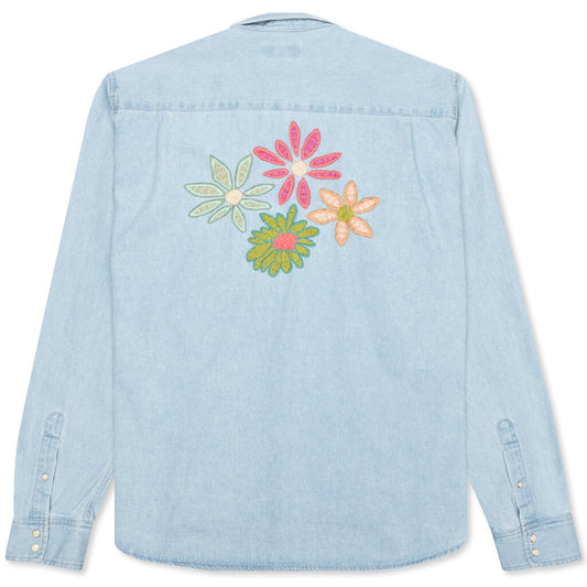 Flower Embroidered Denim L/S Shirt - Light Blue