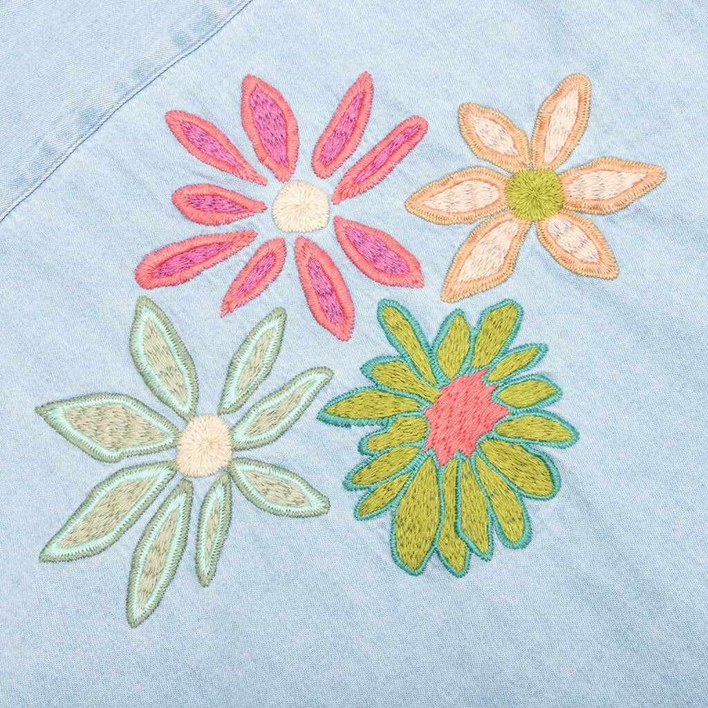 Flower Embroidered Denim L/S Shirt - Light Blue
