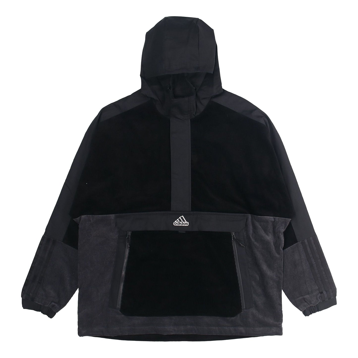 adidas M Corduroy Ank Half Zipper Splicing Sports hooded Logo Jacket Black HD0365