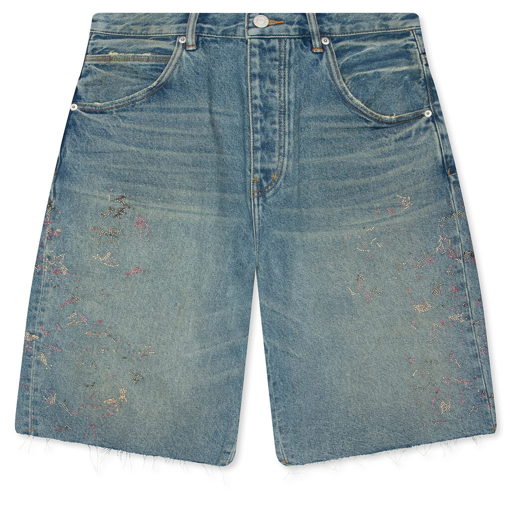 Beaded Splatter Denim Shorts  - Mid Indigo