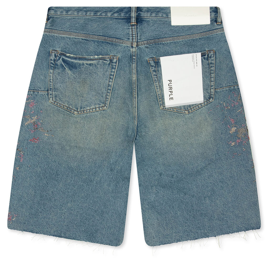 Beaded Splatter Denim Shorts  - Mid Indigo
