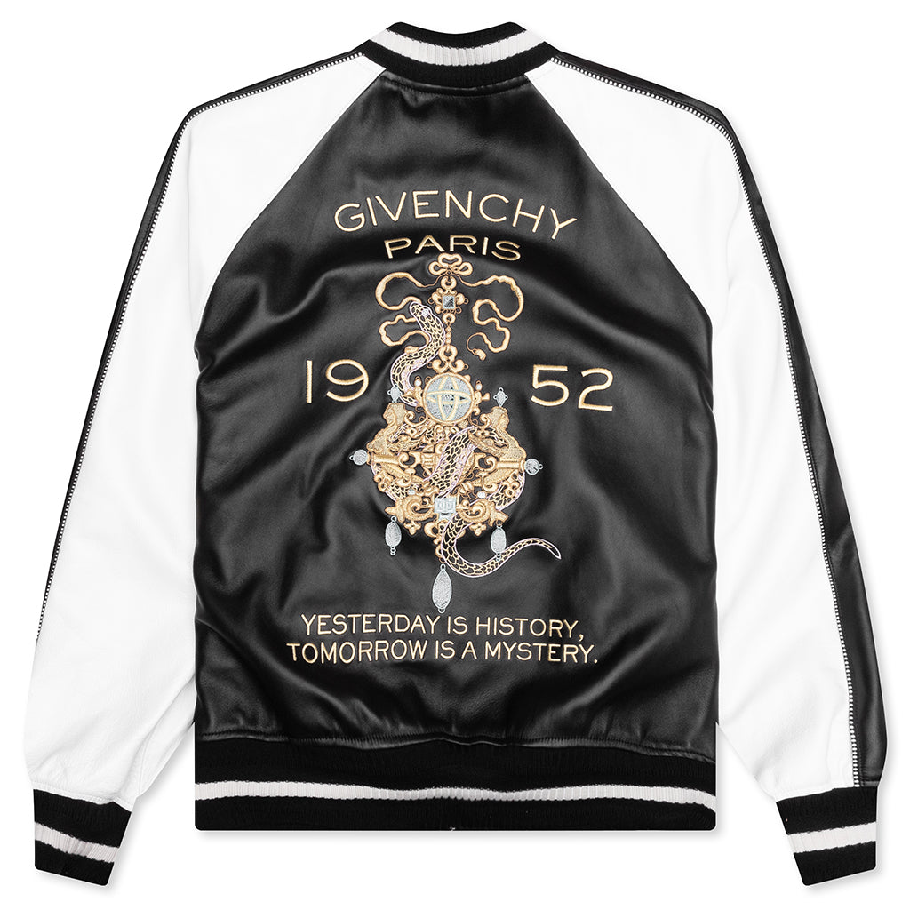 Nappa Leather Varsity Jacket with Chandelier and Snake Embroideries - Black/White