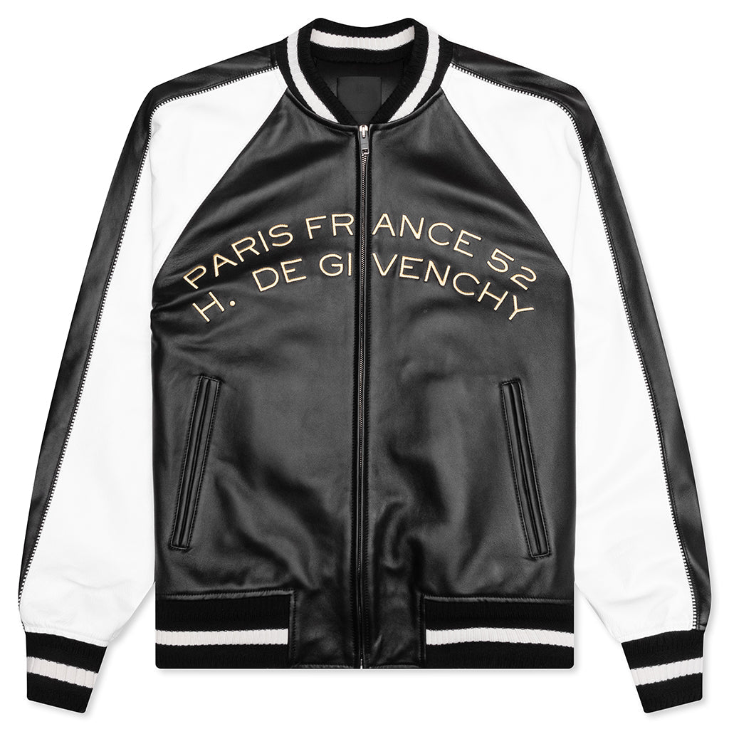 Nappa Leather Varsity Jacket with Chandelier and Snake Embroideries - Black/White
