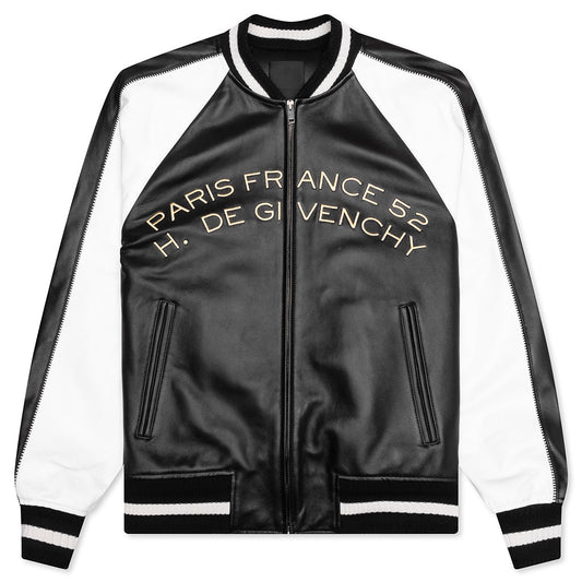 Nappa Leather Varsity Jacket with Chandelier and Snake Embroideries - Black/White