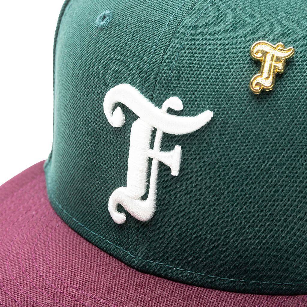 Feature x New Era Old English F Snapback Hat w/ Pin - Dark Green/Maroon
