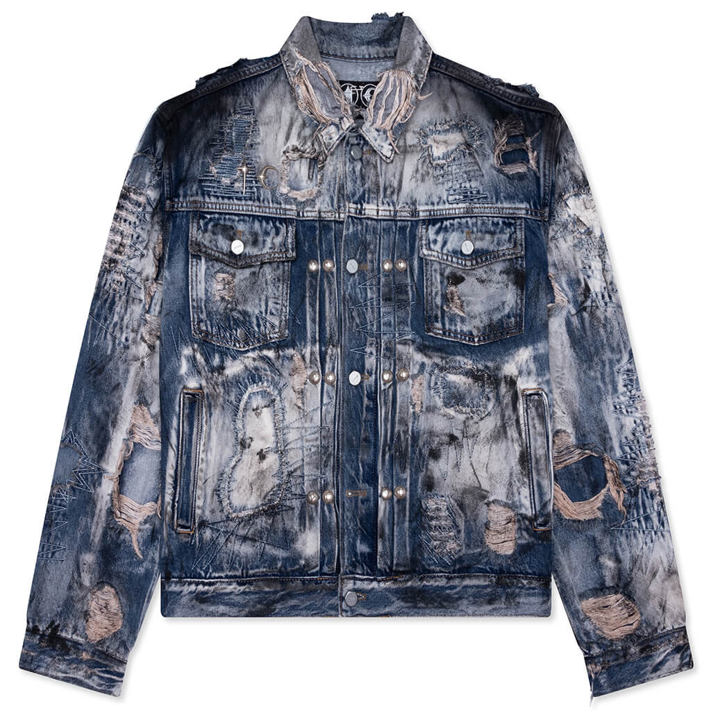 Hard-Washed Damaged Denim Jacket - Blue