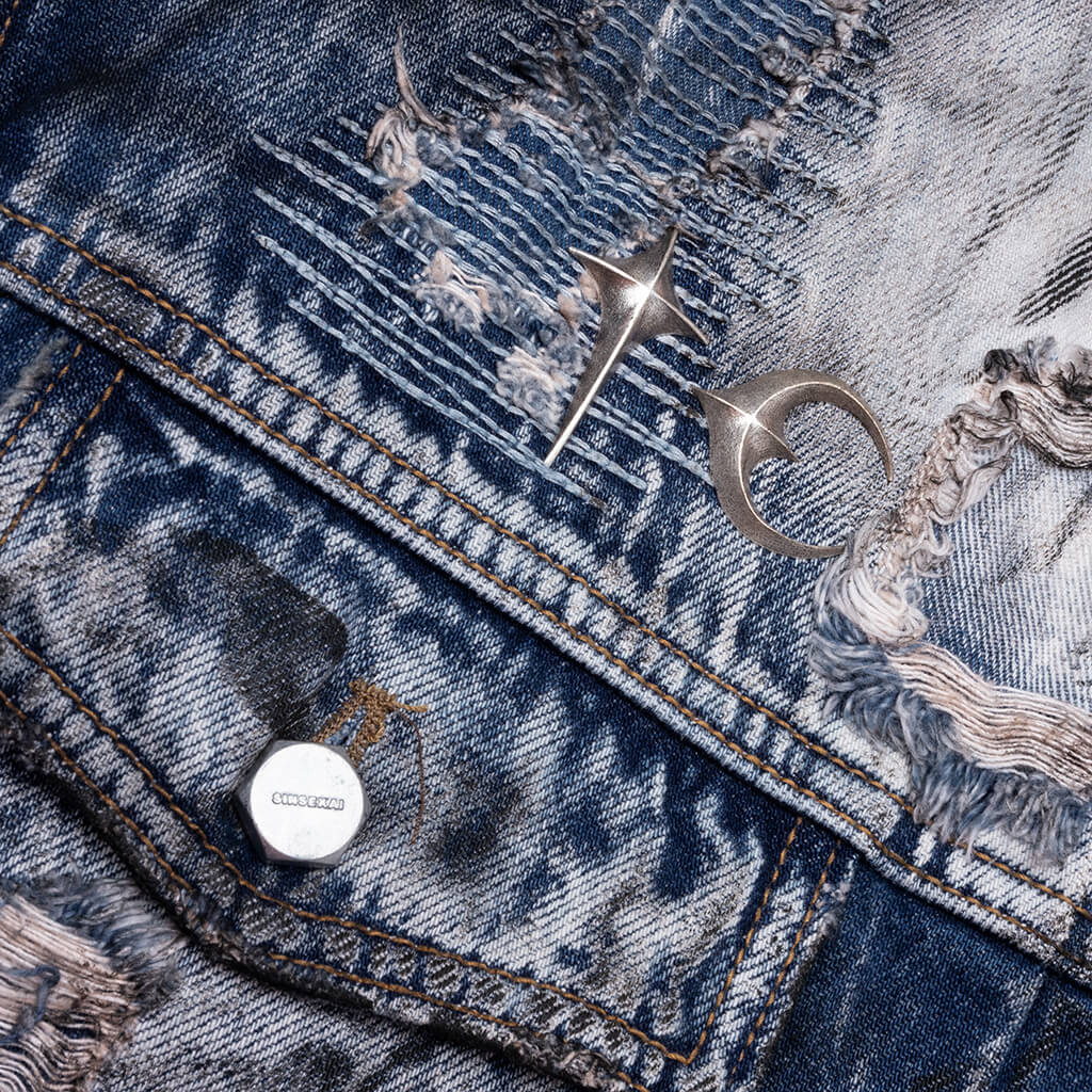 Hard-Washed Damaged Denim Jacket - Blue