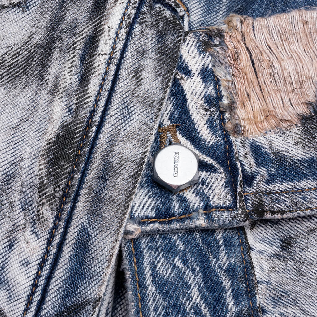 Hard-Washed Damaged Denim Jacket - Blue