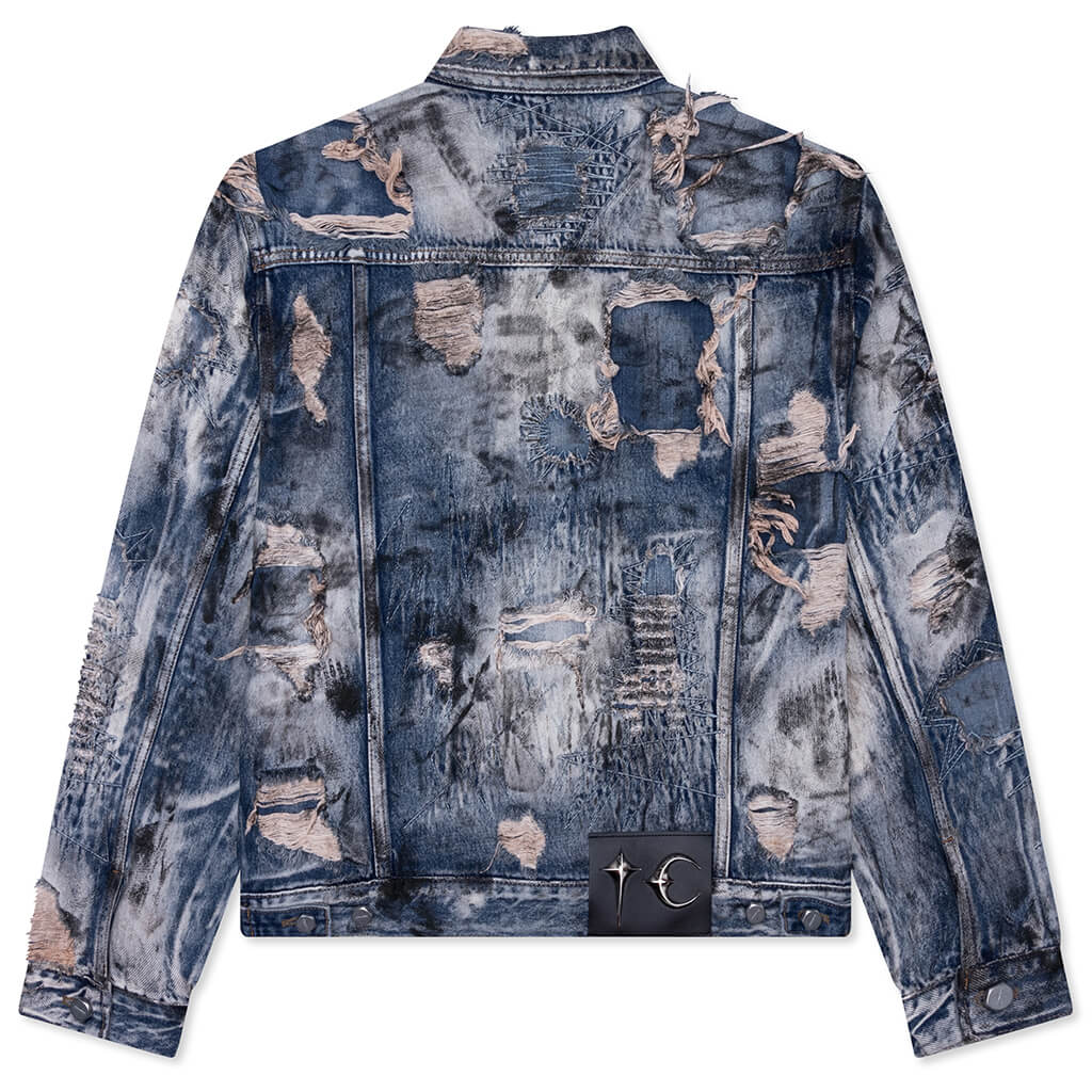 Hard-Washed Damaged Denim Jacket - Blue