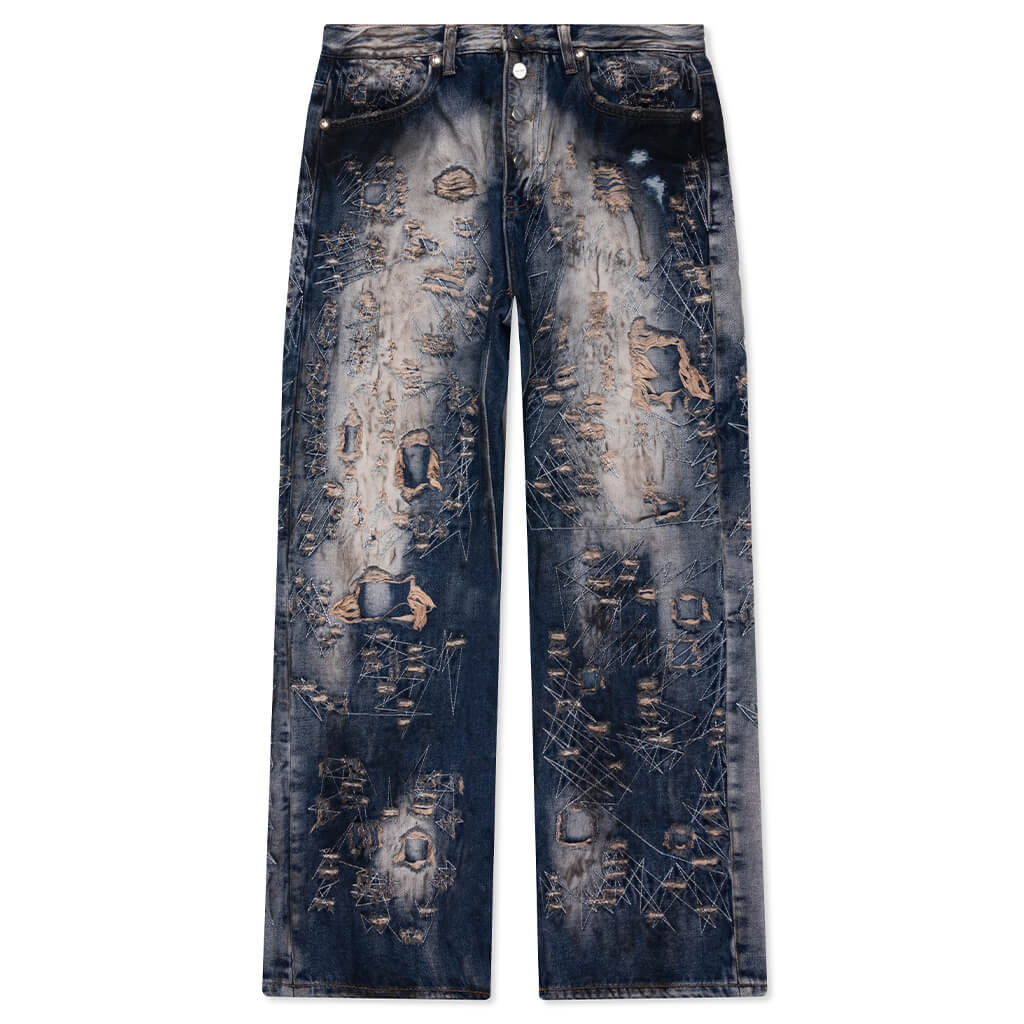 Hard-Washed Damaged Denim Pants - Blue