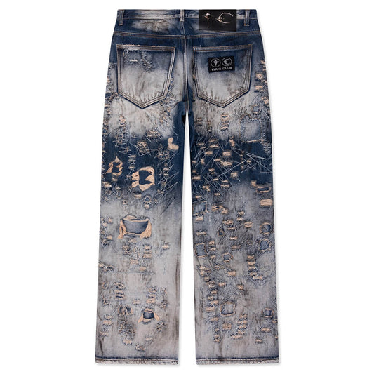 Hard-Washed Damaged Denim Pants - Blue