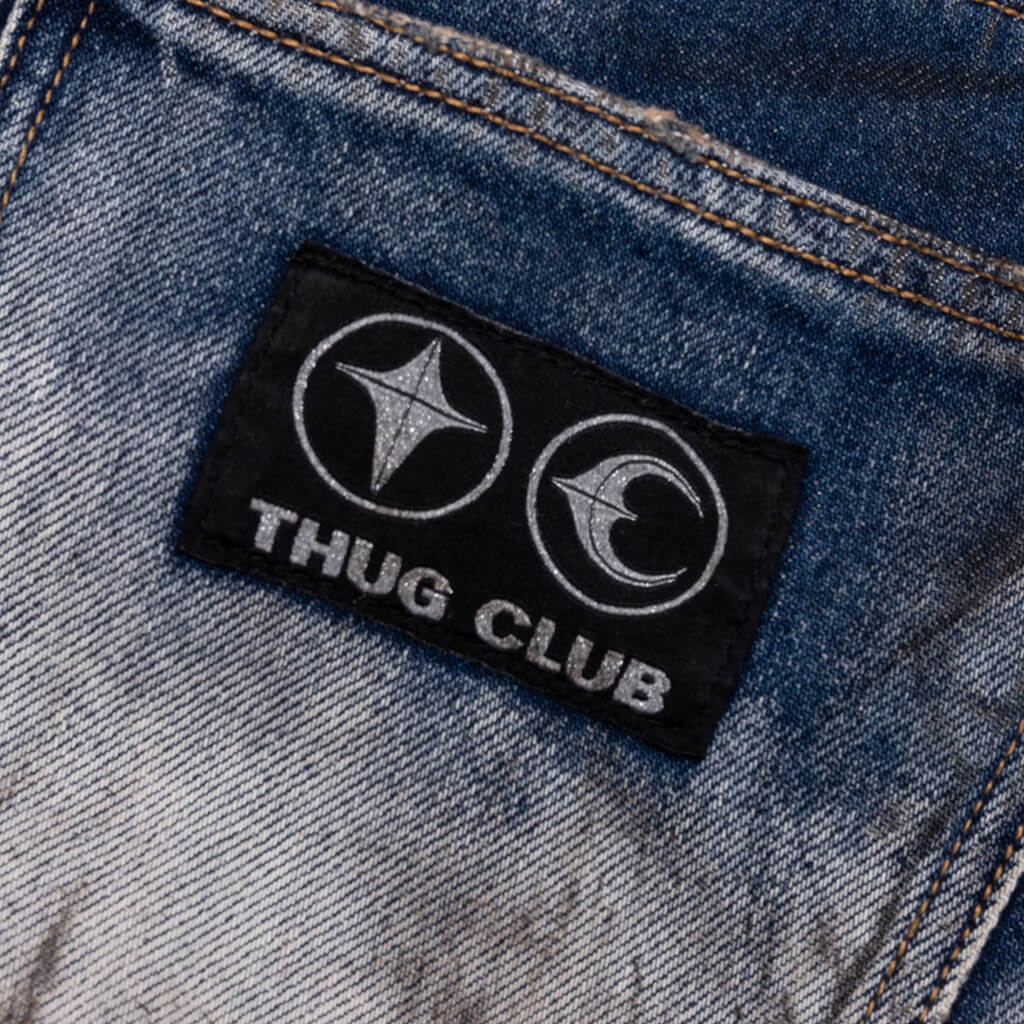 Hard-Washed Damaged Denim Pants - Blue