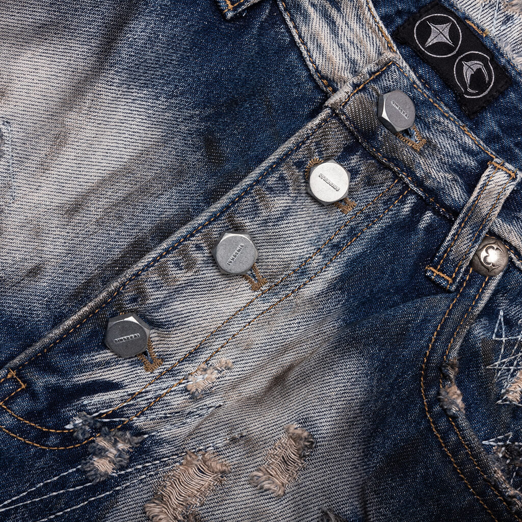 Hard-Washed Damaged Denim Pants - Blue