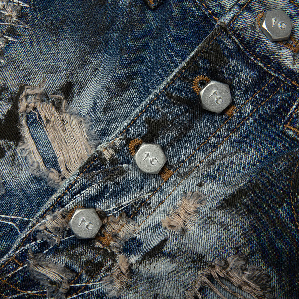Hard Washed Destroyed Denim Shorts - Blue