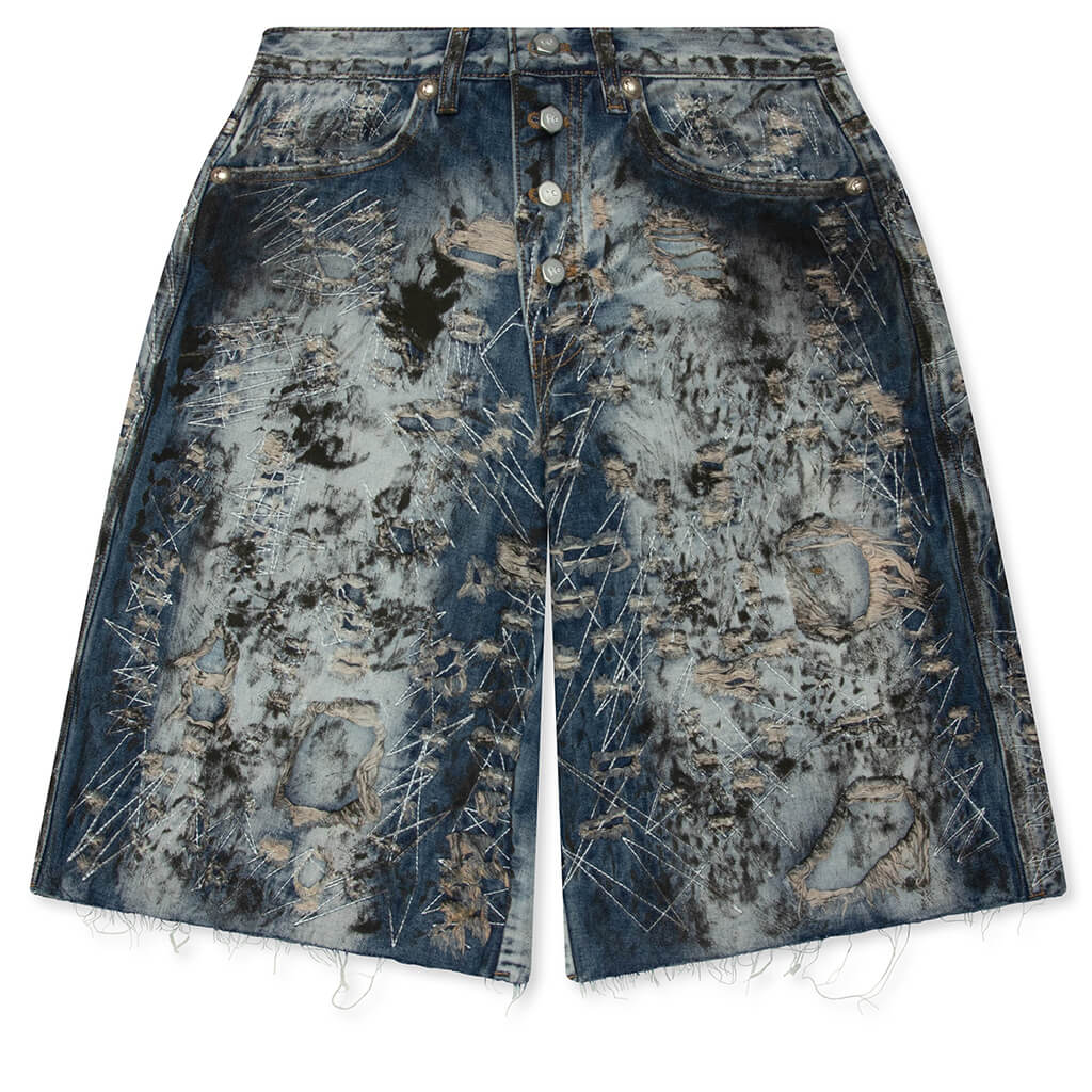 Hard Washed Destroyed Denim Shorts - Blue