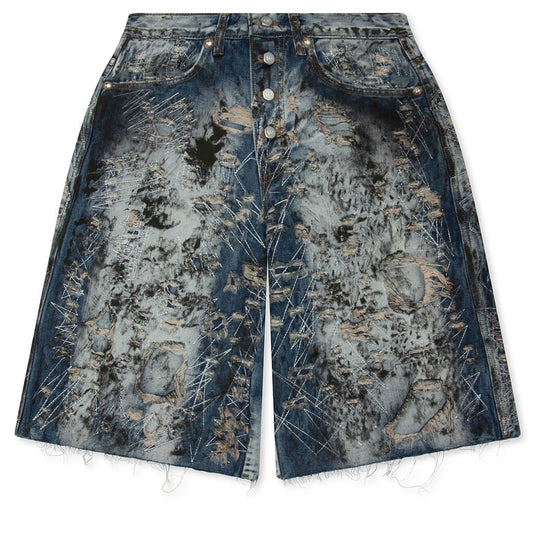Hard Washed Destroyed Denim Shorts - Blue