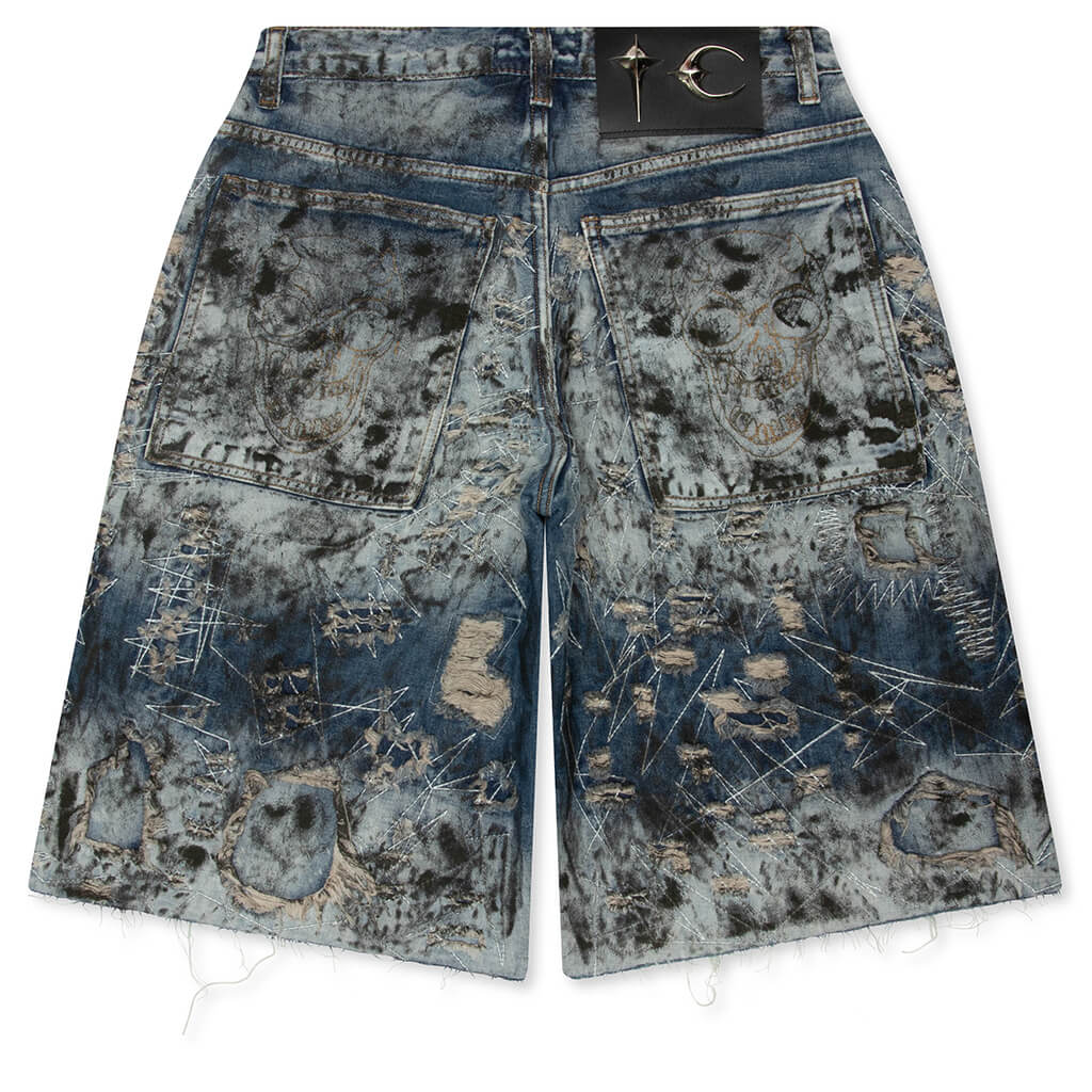 Hard Washed Destroyed Denim Shorts - Blue