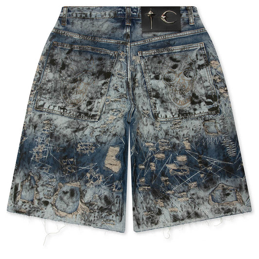 Hard Washed Destroyed Denim Shorts - Blue