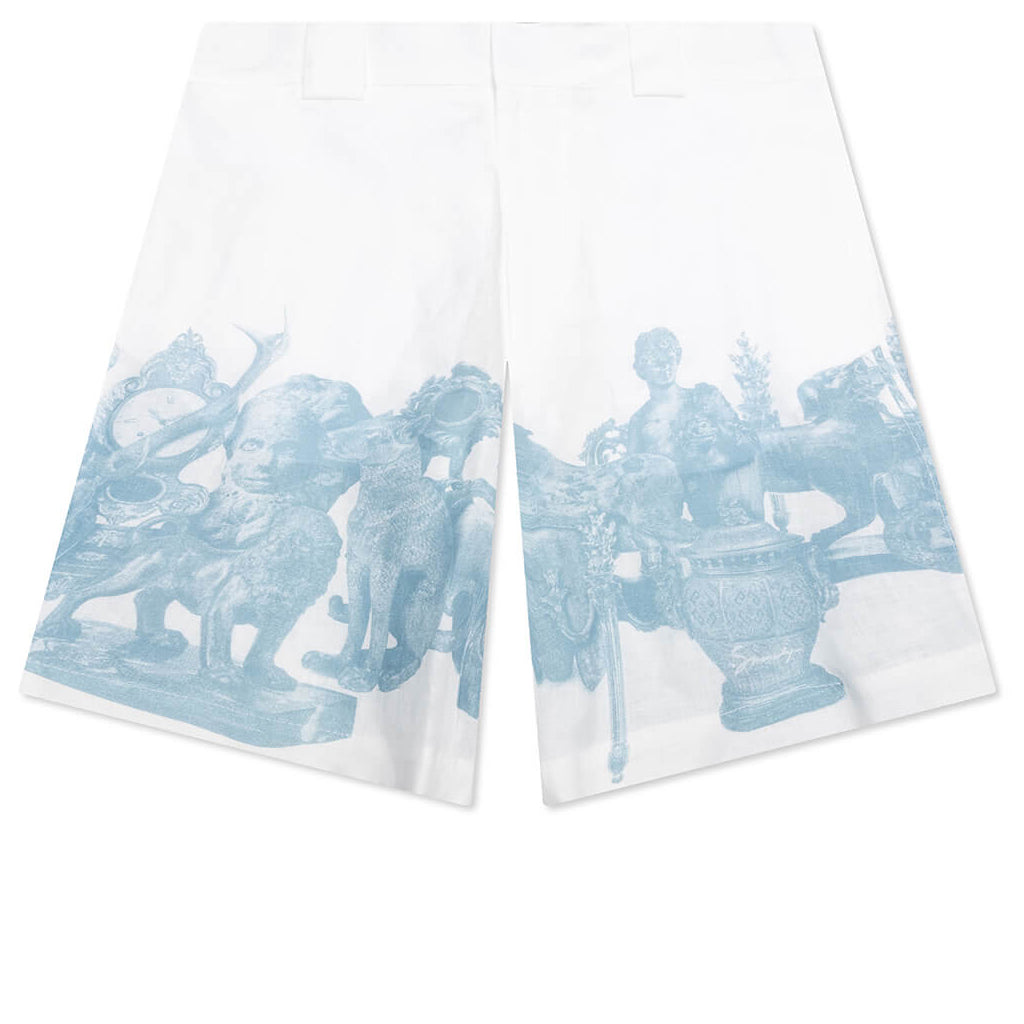 Linen Bermuda Hawaiian Shorts with Hubert Objects Print - Blue/White