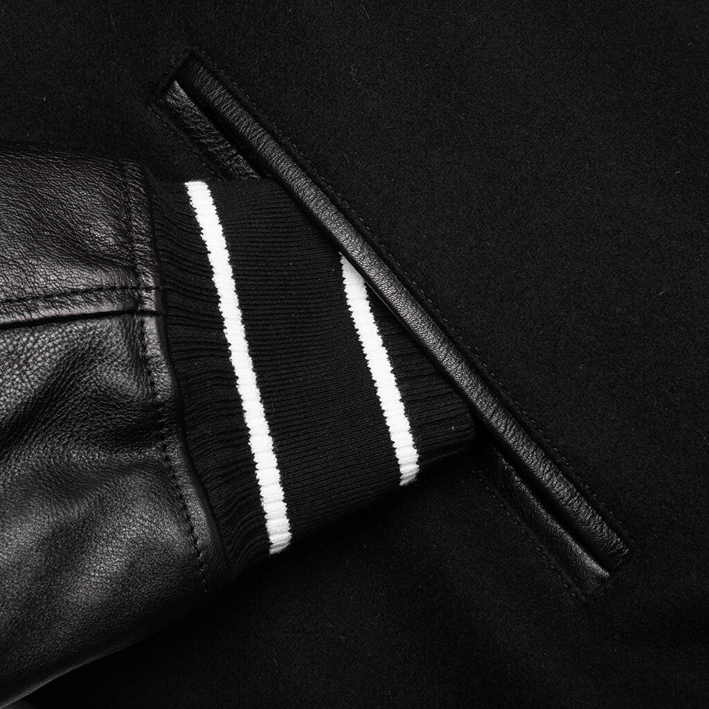 Hooded Varsity Jacket in Wool and Leather - Black
