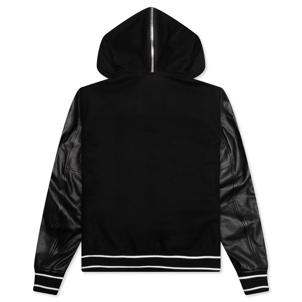 Hooded Varsity Jacket in Wool and Leather - Black