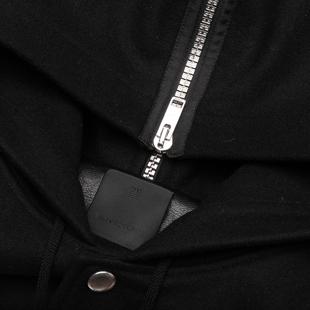 Hooded Varsity Jacket in Wool and Leather - Black