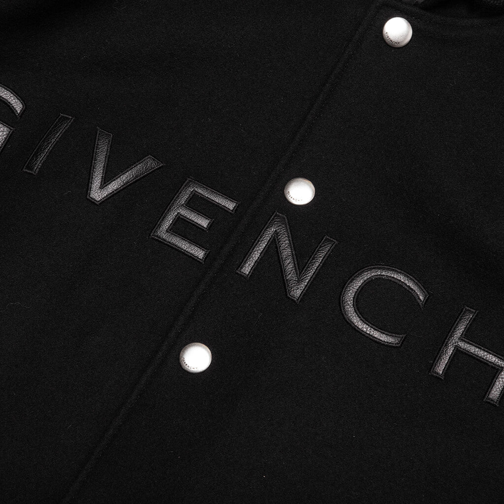 Hooded Varsity Jacket in Wool and Leather - Black