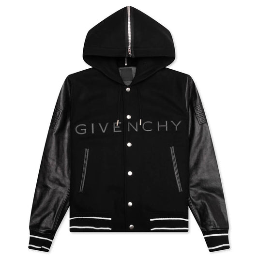 Hooded Varsity Jacket in Wool and Leather - Black