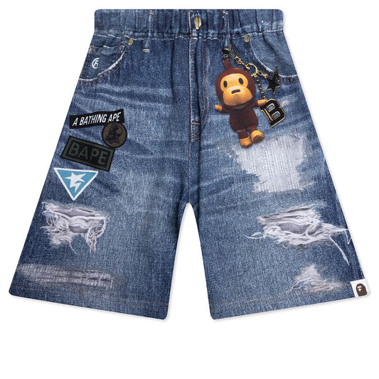 Kid's Bape Denim Print Sweat Shorts - Navy