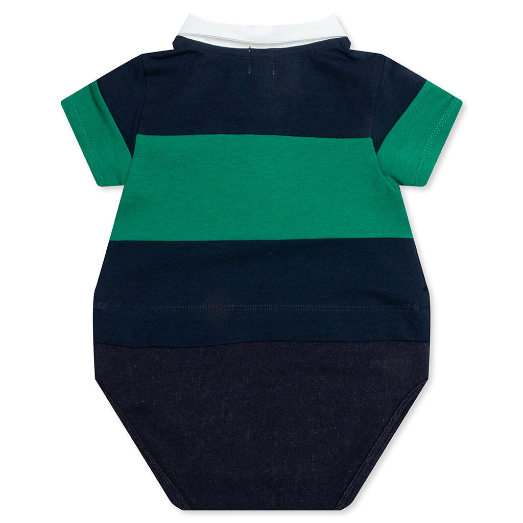 Kid's Panel Stripe Polo Shirt Layered Bodysuit - Navy