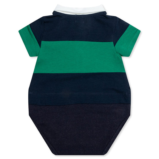 Kid's Panel Stripe Polo Shirt Layered Bodysuit - Navy