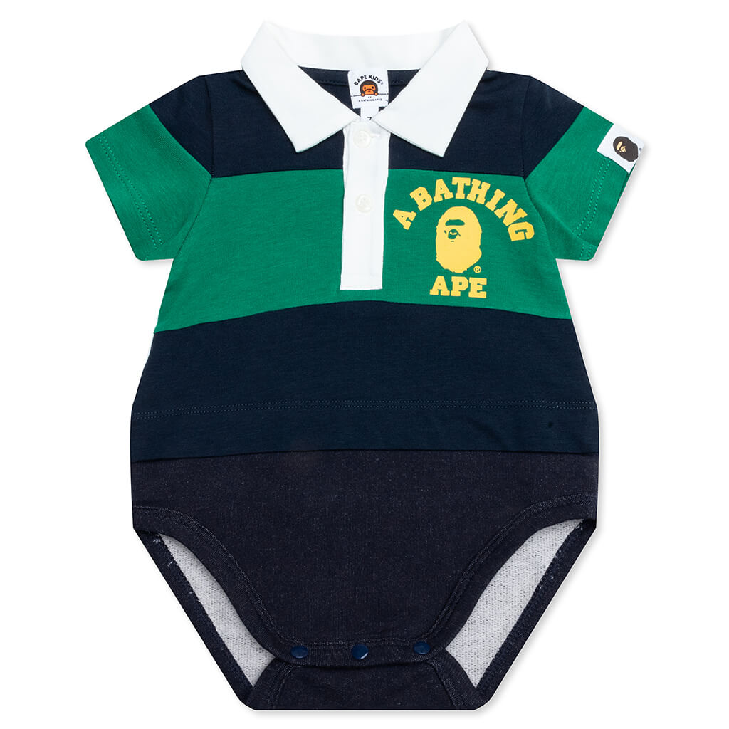 Kid's Panel Stripe Polo Shirt Layered Bodysuit - Navy
