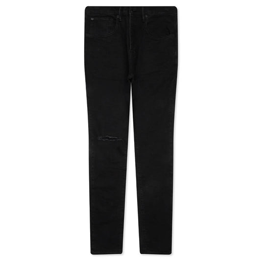 P002 Knee Slit Rinse Slim Denim Pants - Black