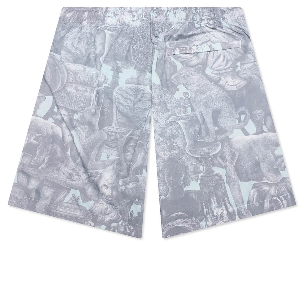 Linen Bermuda Swim Shorts with Hubert Objects Print - Prussian Blue/Grey