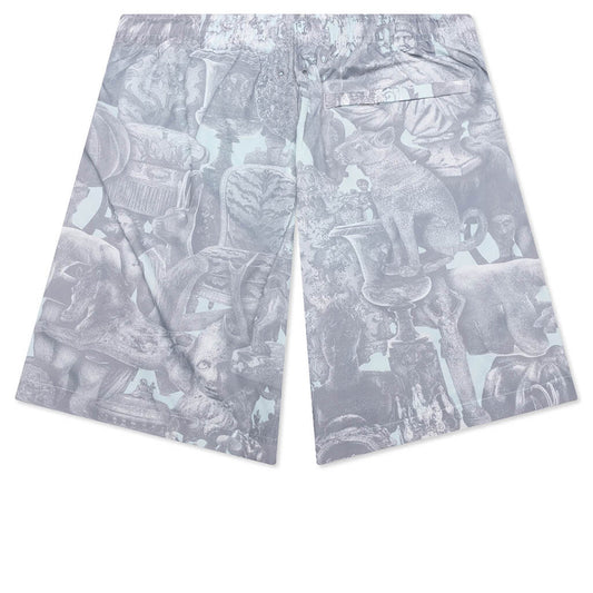 Linen Bermuda Swim Shorts with Hubert Objects Print - Prussian Blue/Grey