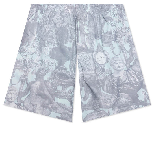 Linen Bermuda Swim Shorts with Hubert Objects Print - Prussian Blue/Grey