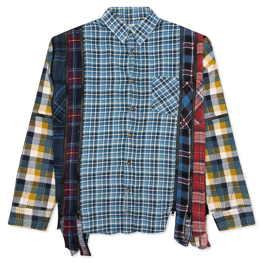 7 Cuts Zipped Wide Flannel Shirt - Blue/White