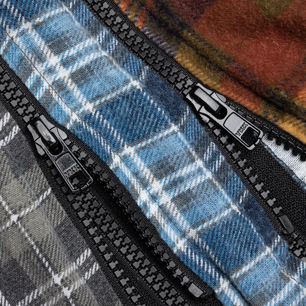 7 Cuts Zipped Wide Flannel Shirt - Faded Olive/White
