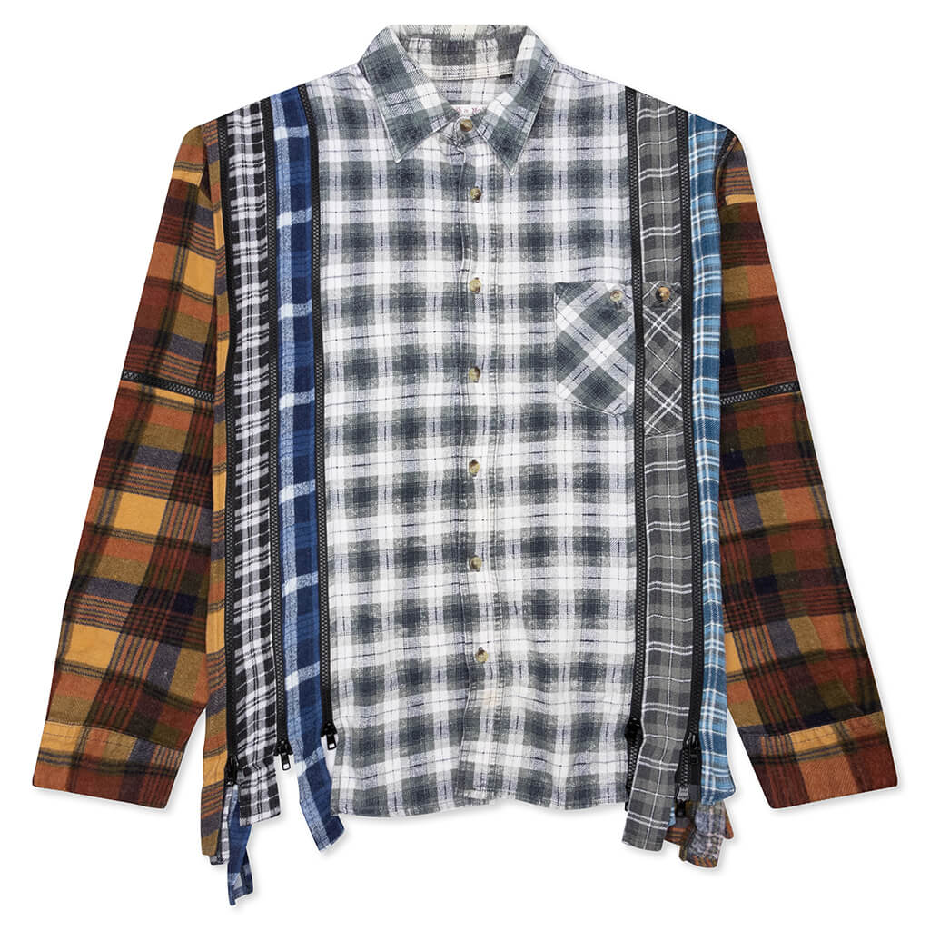 7 Cuts Zipped Wide Flannel Shirt - Faded Olive/White