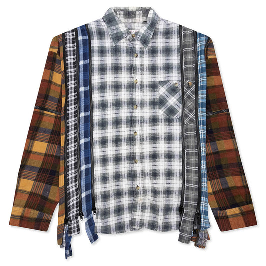 7 Cuts Zipped Wide Flannel Shirt - Faded Olive/White