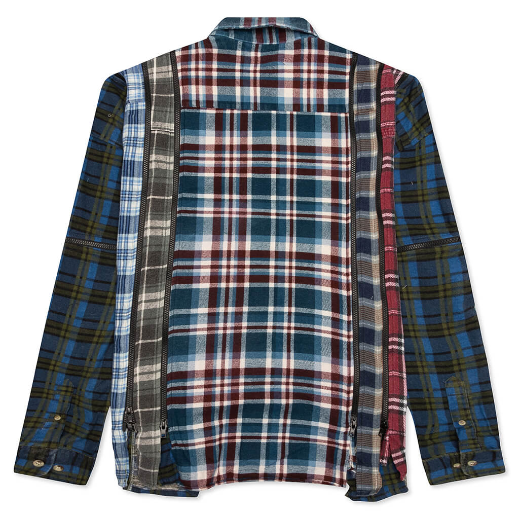 7 Cuts Zipped Wide Flannel Shirt - Sea Blue/Maroon
