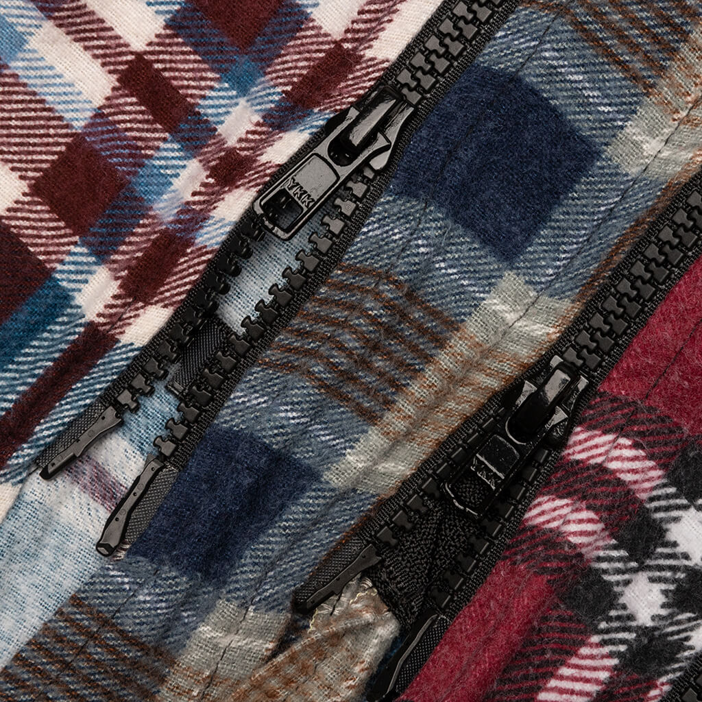 7 Cuts Zipped Wide Flannel Shirt - Sea Blue/Maroon