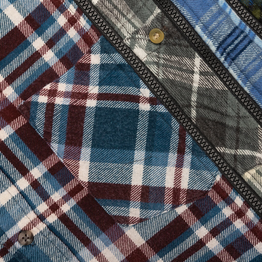 7 Cuts Zipped Wide Flannel Shirt - Sea Blue/Maroon