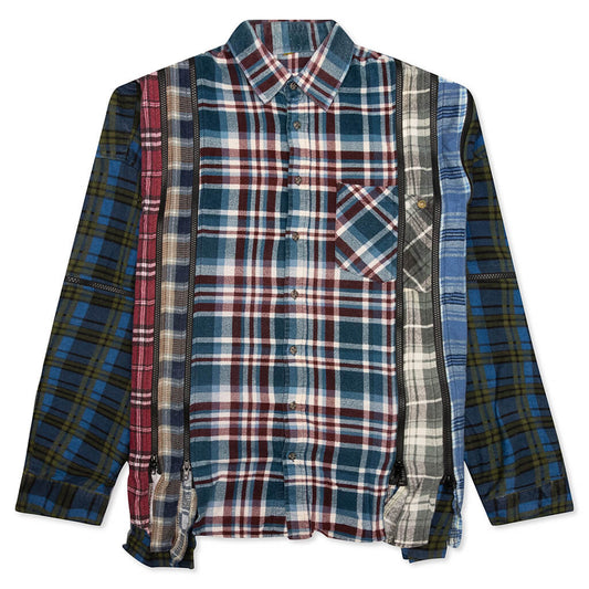 7 Cuts Zipped Wide Flannel Shirt - Sea Blue/Maroon