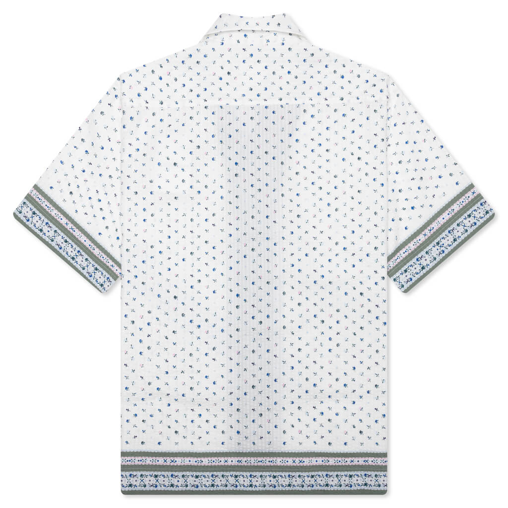 Floral Print Boxy Fit Shirt in Cotton Seersucker - Cream/Green